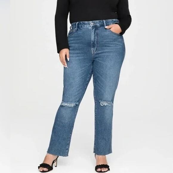 Good American Women's Curve Straight Jeans Distressed Raw Hem Blue Wash Size 26 - Picture 1 of 7